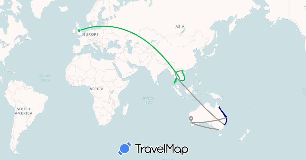 TravelMap itinerary: driving, bus, plane, boat in Australia, United Kingdom, Cambodia, Laos, Thailand, Vietnam (Asia, Europe, Oceania)